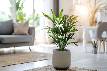 Fototapeta premium Green plant in pot on wooden table with white wall and sunlight.
