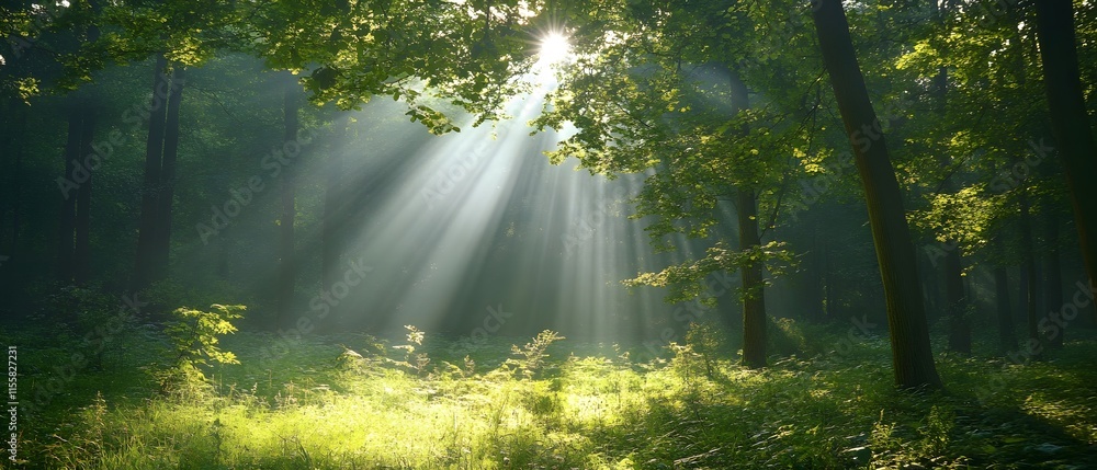 Poster Serene Sunlight Filtering Through Dense Forest Canopy Creating a Magical Atmosphere in a Tranquil Nature Scene with Lush Greenery and Soft Mist