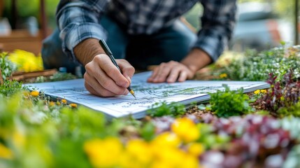 Fototapeta premium Gardener sketching floral designs in a vibrant garden full of blooming flowers