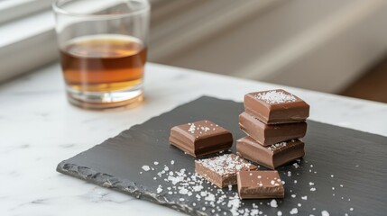 Whiskey-infused dark chocolate with coarse salt on a Black slate, copy space, chocolate photography