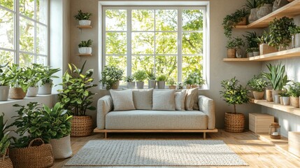 Biophilic living room interior with sofa and plants.
