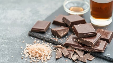 Whiskey-infused dark chocolate with coarse salt on a Black slate, copy space, chocolate photography