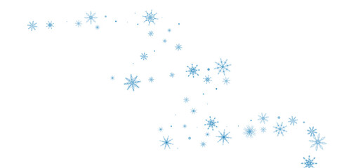 Snowflakes. Snow, snowfall. Falling scattered blue snowflakes on a white background.