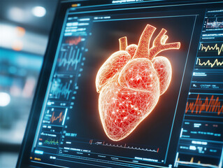 A futuristic digital rendering of a human heart, glowing with energy, symbolizing medical technology, innovation, and healthcare advancements. Great for scientific projects.