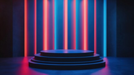 Abstract neon background with a three-tiered platform, perfect for product displays or futuristic designs.  Red and blue lighting creates a vibrant, modern aesthetic.