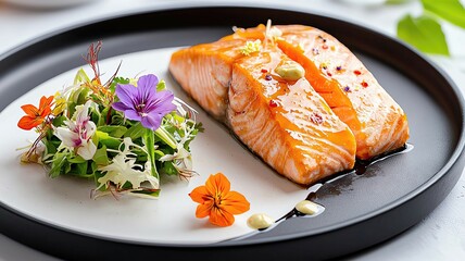 gourmet salmon steak with edible flowers, grilled gourmet salmon with salad and gourmet salmon food styling ,gourmet salmon fine dining, grilled salmon food styling