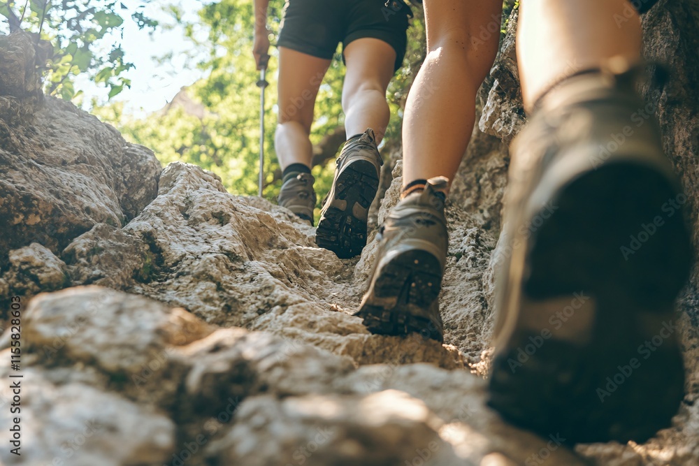 Poster two hikers navigate a rocky path, climbing upward through natural surroundings on a warm day. genera