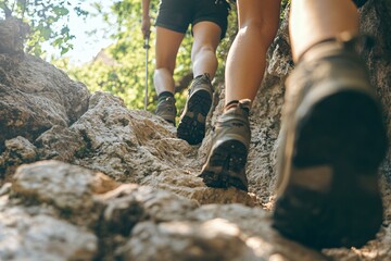 Two hikers navigate a rocky path, climbing upward through natural surroundings on a warm day. Generative AI