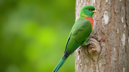 Resplendent Quetzal Perched on Tree Trunk