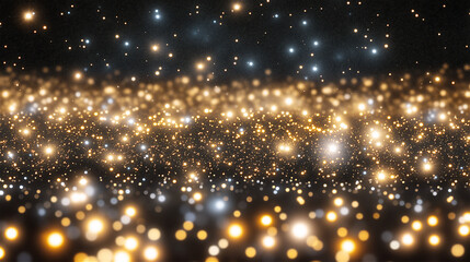 Bright bokeh lights in golden hues on a dark background creating an elegant and magical atmosphere for holiday and festive concepts with generous copy space.