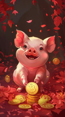 Obraz premium Cute Pig with Bitcoin Coins Surrounded by Red Autumn Leaves in a Whimsical Fantasy Setting