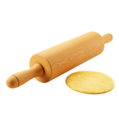 Wooden Rolling Pin and Pastry Dough Circle in Culinary Still Life, High-Detail Photorealistic Render On Transparent Background