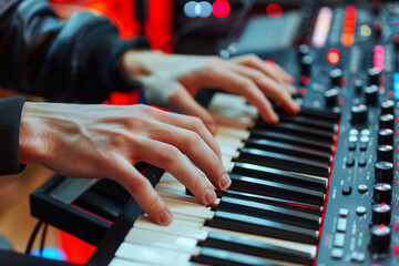 Obraz premium Generative AI Image of a Musician Playing Keyboard in Studio Setting