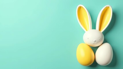 Easter holiday. Easter bunny, pink and yellow eggs on isolated pastel pink background with copy space
