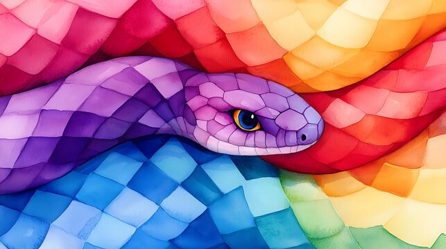 Colorful snake illustration with vibrant geometric patterns.