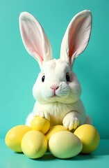Easter holiday. Easter bunny, pink and yellow eggs on isolated pastel pink background with copy space