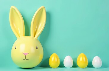 Obraz premium Easter holiday. Easter bunny, pink and yellow eggs on isolated pastel pink background with copy space