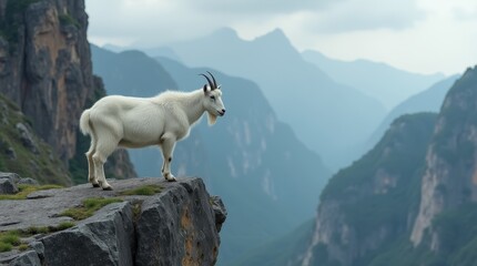 Confident White Goat on Rocky Ledge