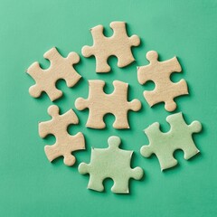 Fototapeta premium he image of the puzzle pieces randomly scattered on a green background creates a playful and attractive visual concept.