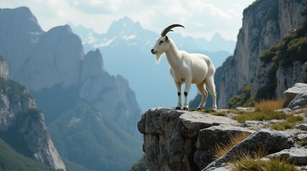 Confident White Goat on Rocky Ledge
