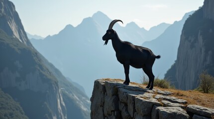 Obraz premium Confident Black Goat on Rocky Ledge