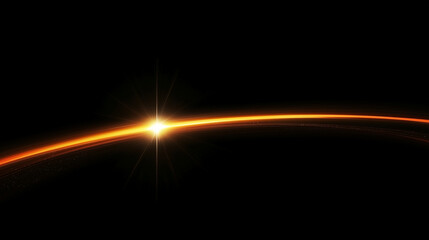 Bright sunrise over planet Earth horizon with glowing light flare in dark space, cosmic exploration in deep space