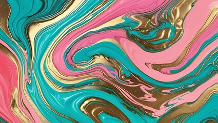 Marbled Paint Pour Background with Vibrant Turquoise, Pink, and Gold Colors Blending Together, Artistic and Dynamic Design  
