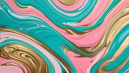 Marbled Paint Pour Background with Vibrant Turquoise, Pink, and Gold Colors Blending Together, Artistic and Dynamic Design  
