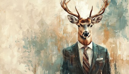Business-suited deer illustrated in watercolor, blending art with professional decor.