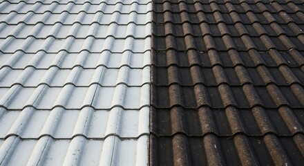 Roof tiles with a contrasting appearance: one side clean and the other side dirty, illustrating the impact of cleaning or weather exposure on roofing materials