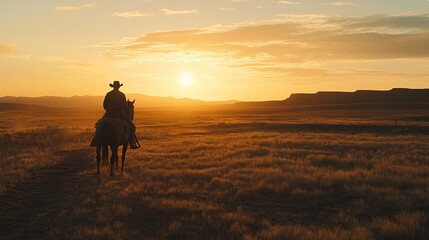 Obraz premium Silhouetted cowboy rides horse across vast golden prairie at sunset. Epic western scene.