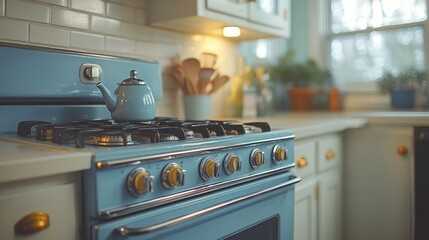 Light blue retro stove with teapot.