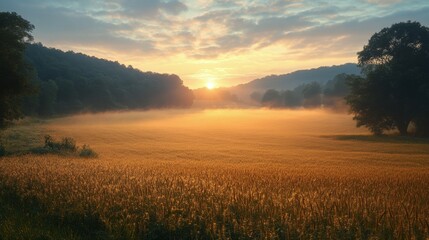 Fototapeta premium Golden sunrise over a tranquil field with mist and mountains in the background
