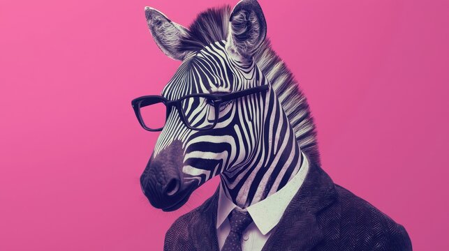 Stylish zebra in suit and glasses, portrayed in a retro AI-generated portrait.