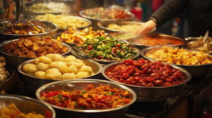 Obraz premium Street food from around the world displayed on a vibrant table, each dish brimming with flavor.