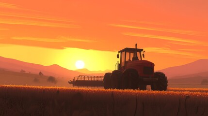 Fototapeta premium Warm Harvesting Scene at Dusk in a Farm Setting