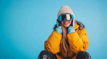 Young woman she wear warm padded windbreaker jacket hat ski touch goggles mask sit with snowboard wink travel rest spend weekend winter season in mountains isolated on plain blue background