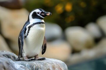 Obraz premium Penguin standing on rocky shore with mountains in background and calm water