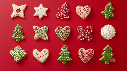 Fototapeta premium A set of festive Christmas cookies shaped like stars, trees, and hearts, on a vibrant red background.