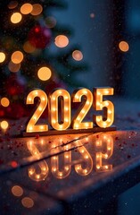Happy New Year 2025 background, illustration for holiday design with lights and fireworks	