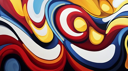 Obraz premium Abstract Swirling Symphony: A vibrant, dynamic artwork featuring bold, flowing curves and a captivating blend of red, blue, yellow, and white.