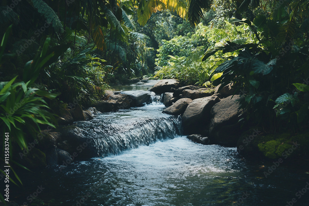 Poster a beautiful tropical island with palm trees surrounded by mountains generative ai image