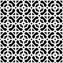Seamless abstract geometric pattern in black and white, consisting of repeating symmetrical shapes. Suitable for backgrounds, wallpapers, textile designs, prints, decorative projects, etc.