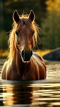 Horse swims gracefully in a serene lake during golden hour lighting