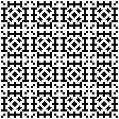 Seamless abstract geometric pattern in black and white, consisting of repeating symmetrical shapes. Suitable for backgrounds, wallpapers, textile designs, prints, decorative projects, etc.