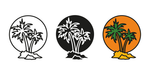 Palm tree with sun icon. Palm tree with sunset landscape vector illustration. Summer vibes concept. Vacation tour symbol. Tropical island silhouette. Exotic trip sign. Hawaii travel tour pictogram.