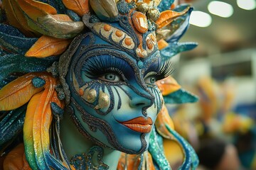 Obraz premium Vibrant carnival dancer with elaborate costume showcases artistry and cultural celebration during festival event