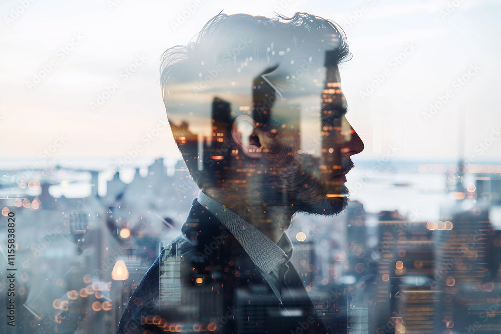 Poster a double exposure image showing a silhouette of a worker against a backdrop of city lights generativ