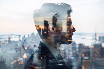 A double exposure image showing a silhouette of a worker against a backdrop of city lights generative ai