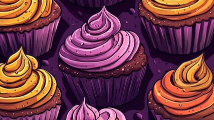 Colorful cupcakes with vibrant frosting displayed together on a dark background in a delightful arrangement